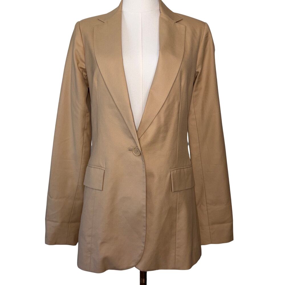 Kenna-T Camel 100% Wool Longline Blazer Single Button Notched Lapel Flawed Small